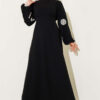 Embroidered Sleeve Belted Dress Black