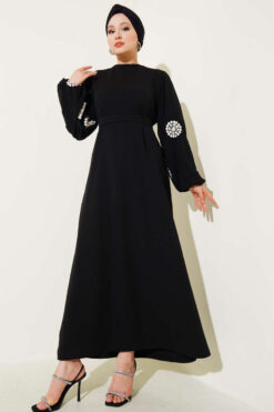 Embroidered Sleeve Belted Dress Black