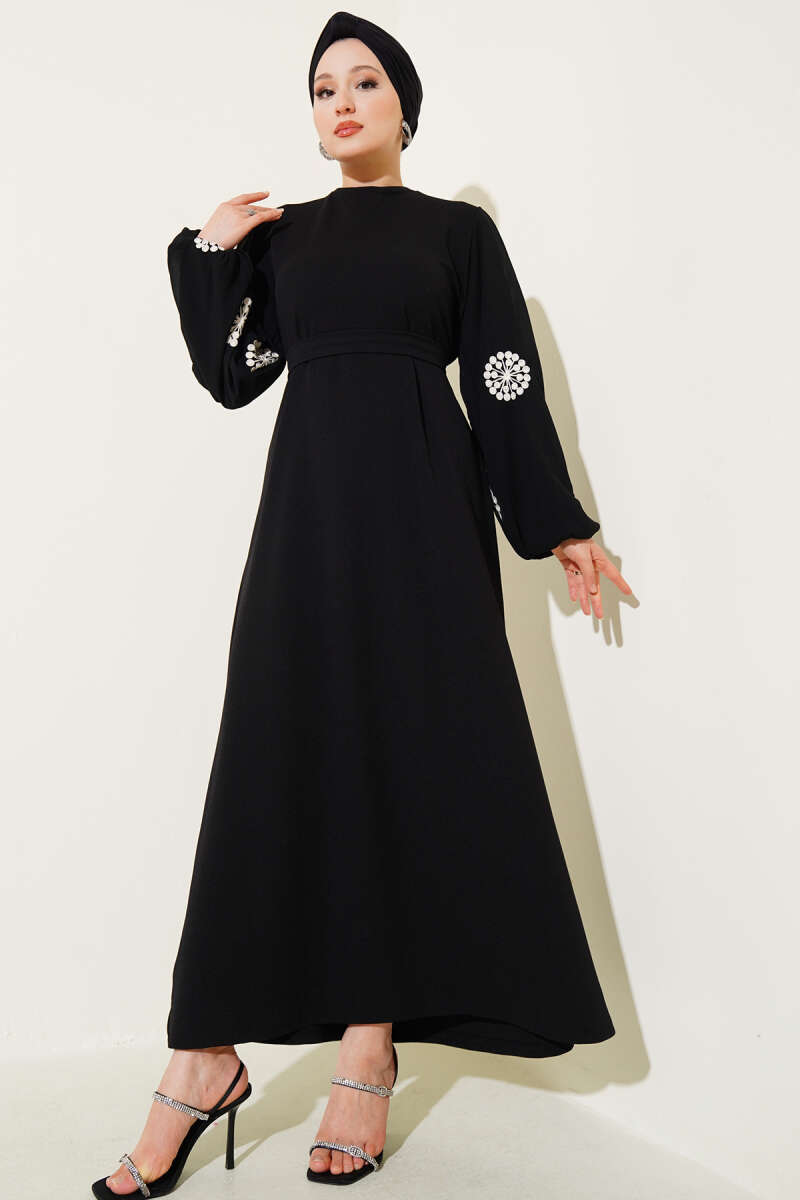 Embroidered Sleeve Belted Dress Black