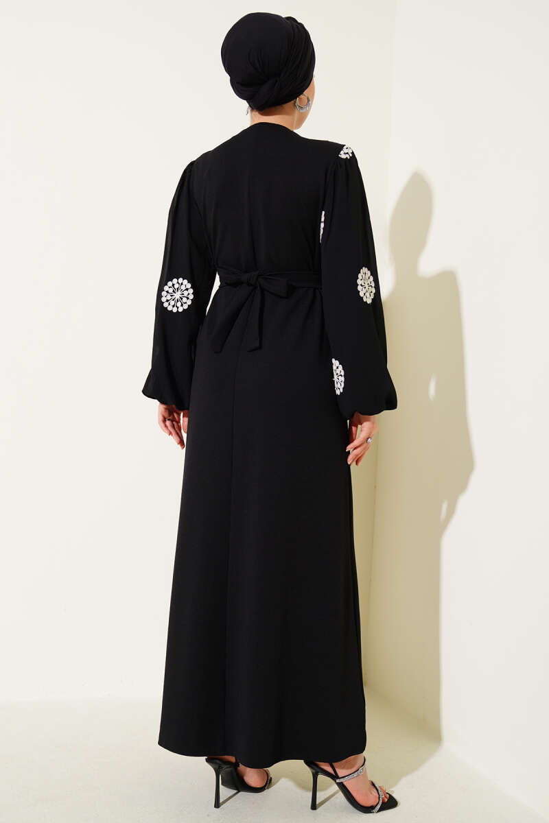 Embroidered Sleeve Belted Dress Black – Bild 3