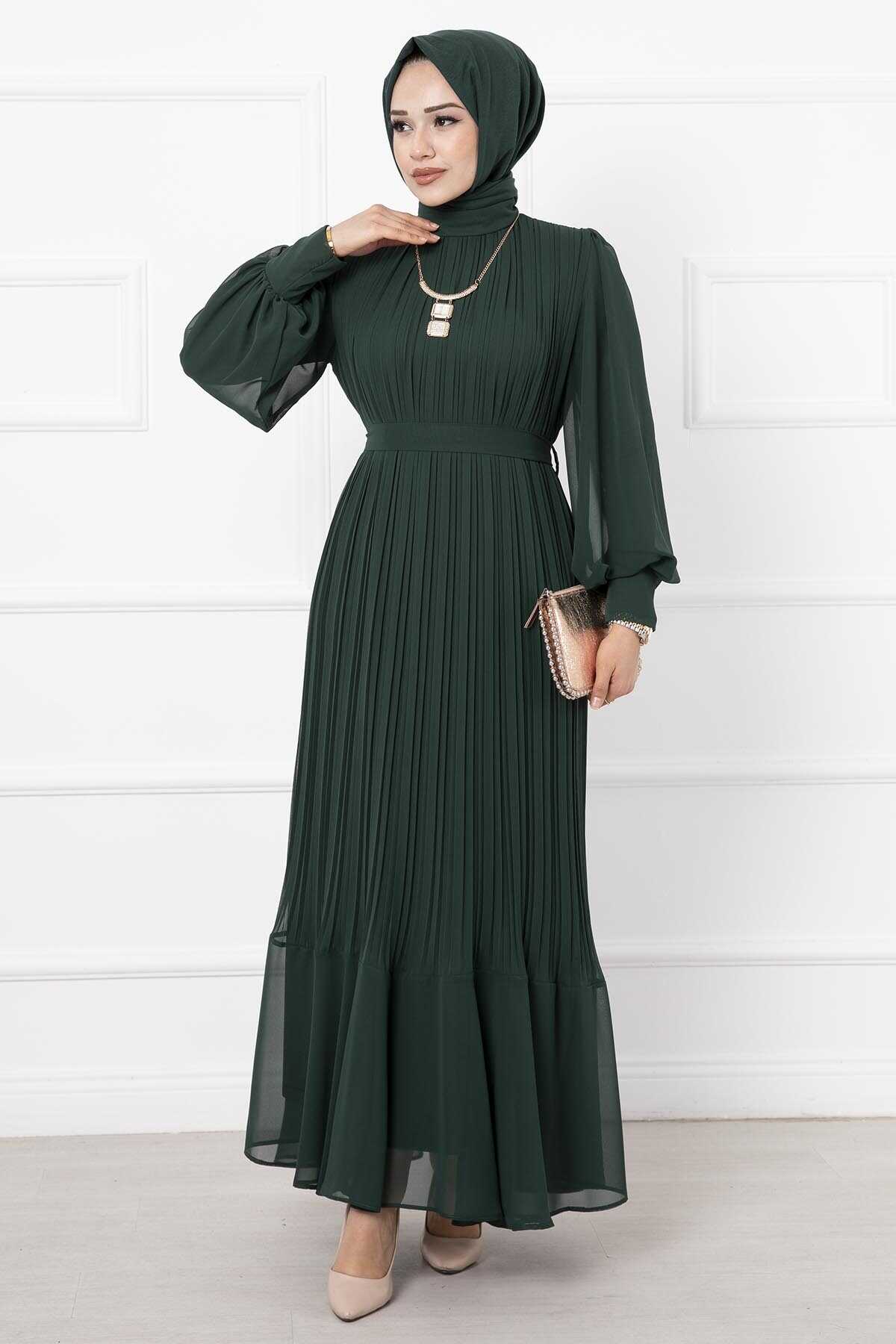 Organza Sleeve Modest Evening Dress Emerald – Image 4