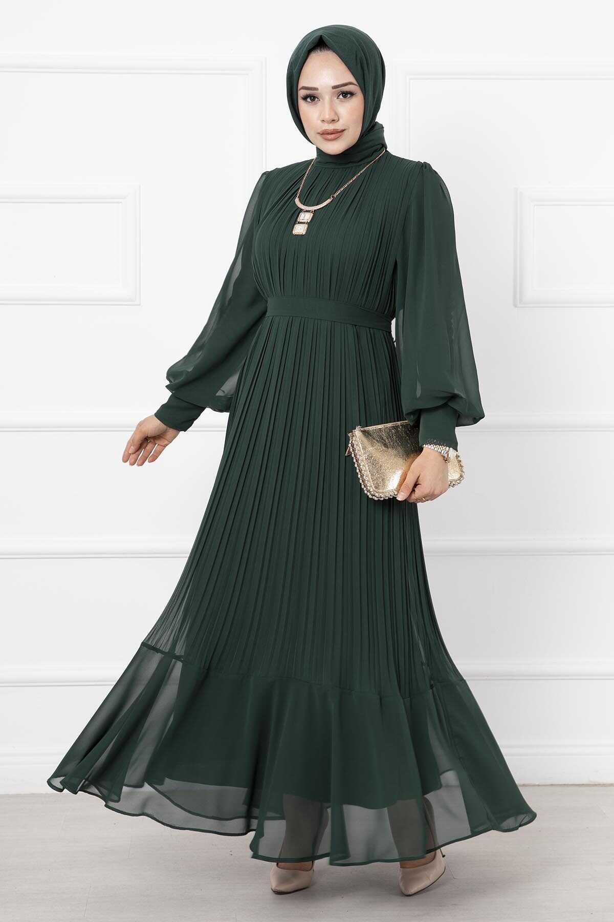 Organza Sleeve Modest Evening Dress Emerald – Image 3