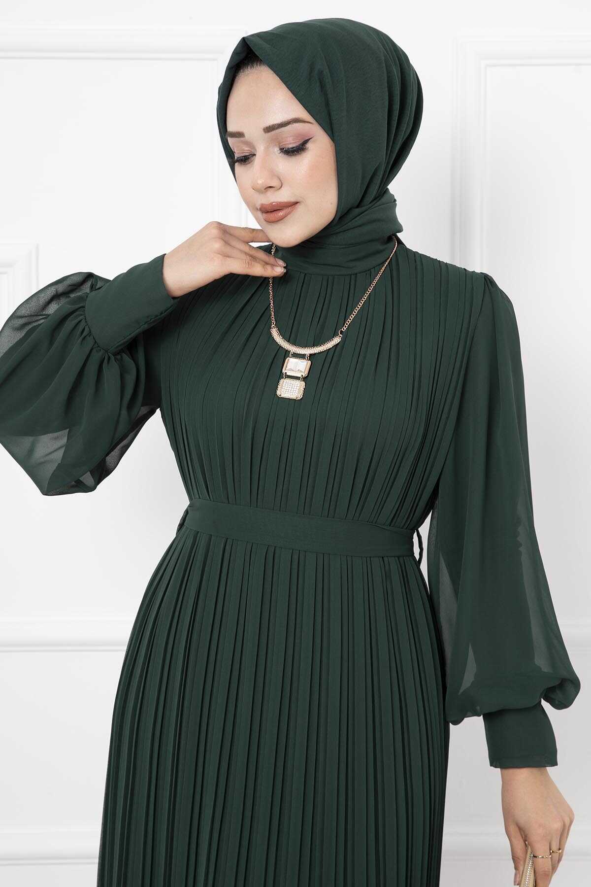 Organza Sleeve Modest Evening Dress Emerald – Image 2