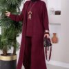 ⁦Hooded Knit Three-Piece Set Burgundy⁩ - الصورة ⁦3⁩