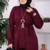 ⁦Hooded Knit Three-Piece Set Burgundy⁩ - الصورة ⁦2⁩