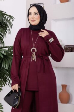 Alternative view of Hooded Knit Three-Piece Set Burgundy