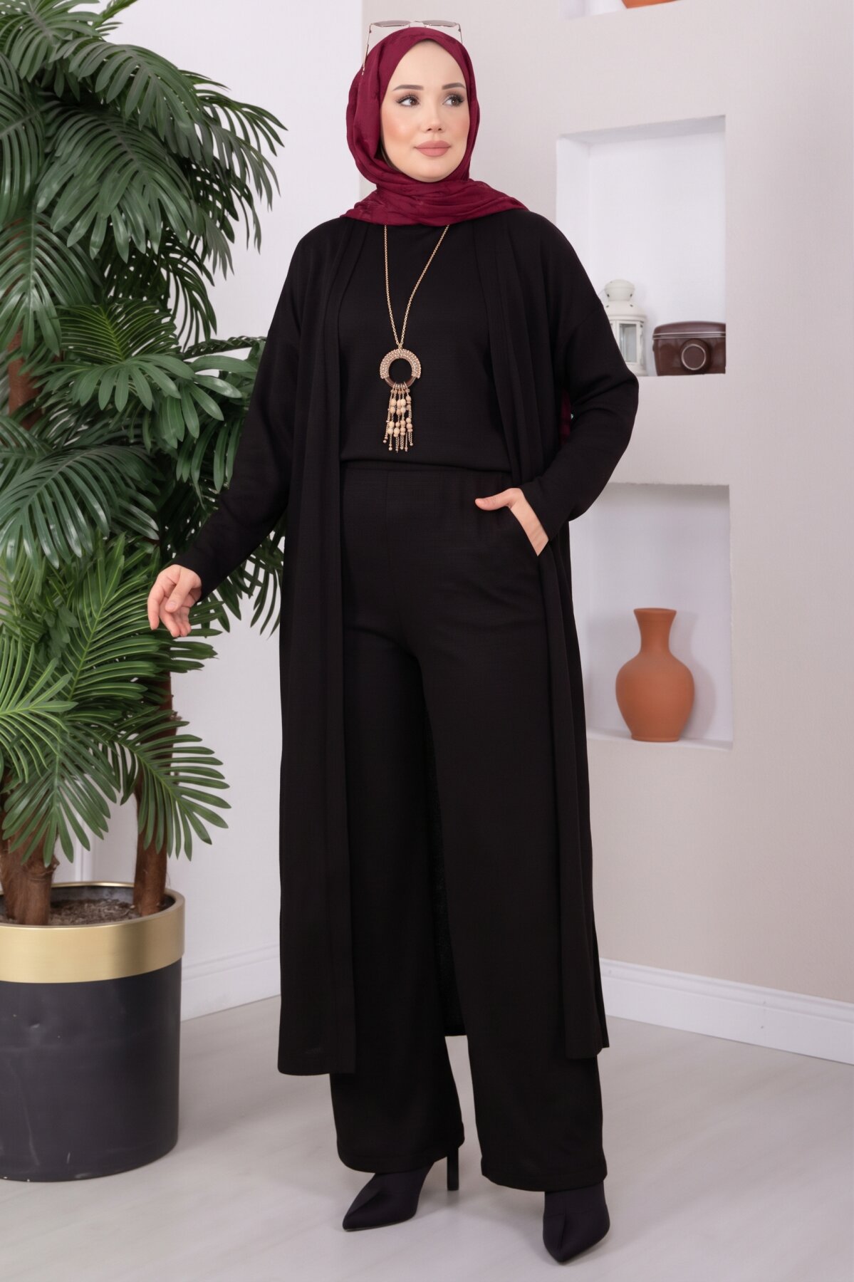 Hooded Knit Three-Piece Set Black - Imagen 3