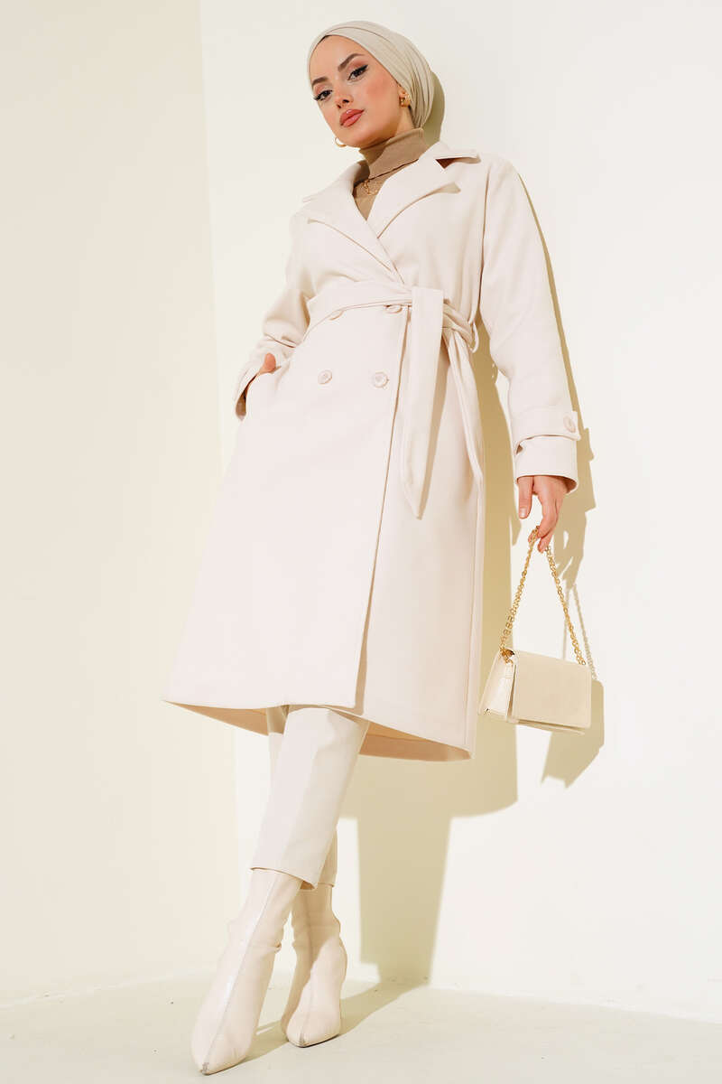 Double-Breasted Coat with Shawl Collar Beige - الصورة 2
