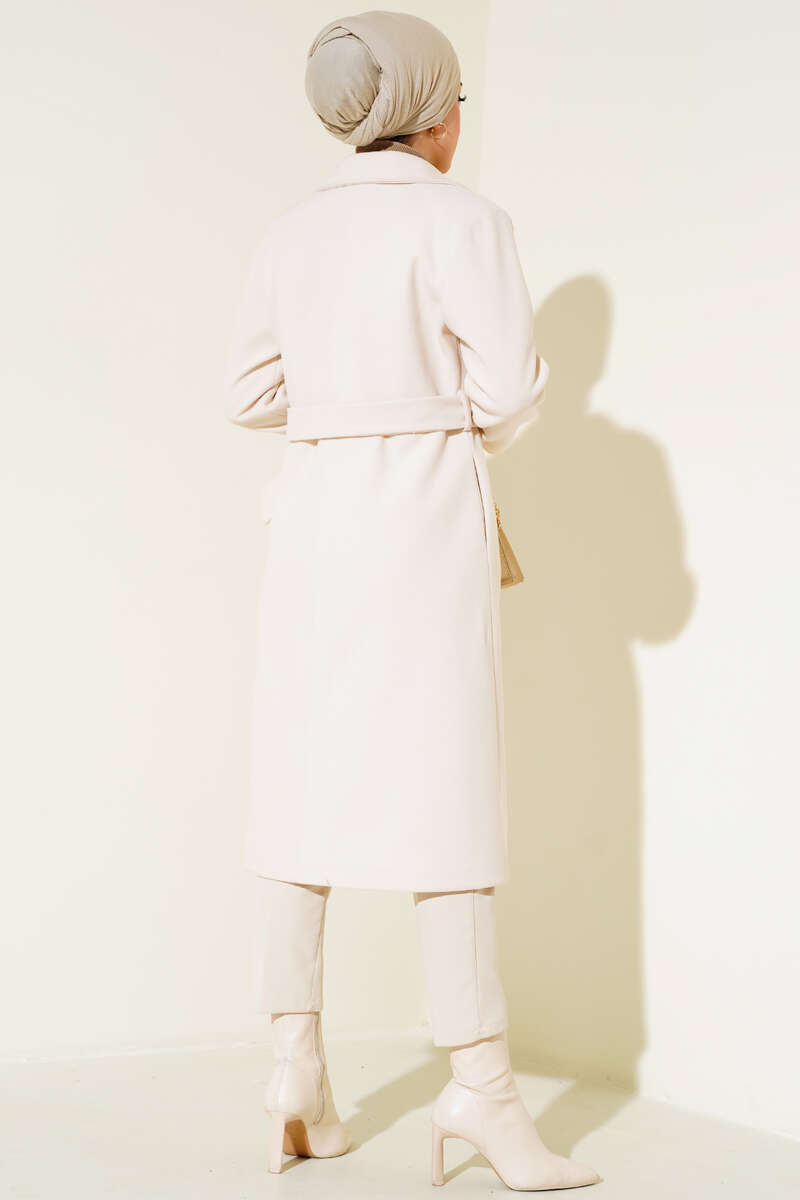 Double-Breasted Coat with Shawl Collar Beige - الصورة 3