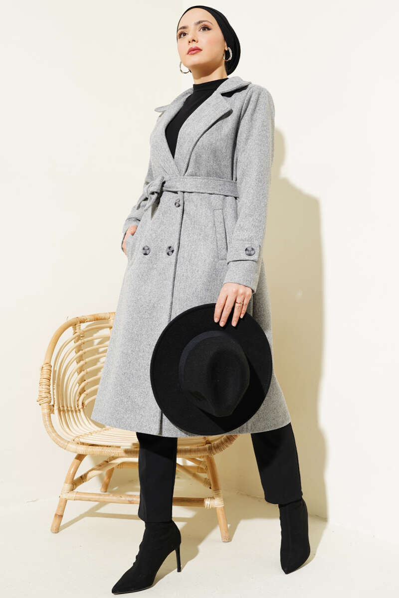 Double-Breasted Coat with Shawl Collar Grey - الصورة 2