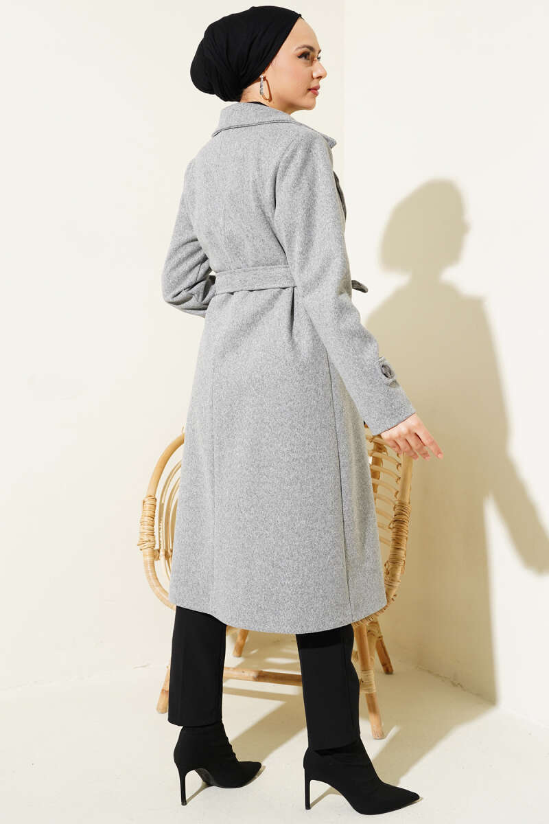 Double-Breasted Coat with Shawl Collar Grey - الصورة 3