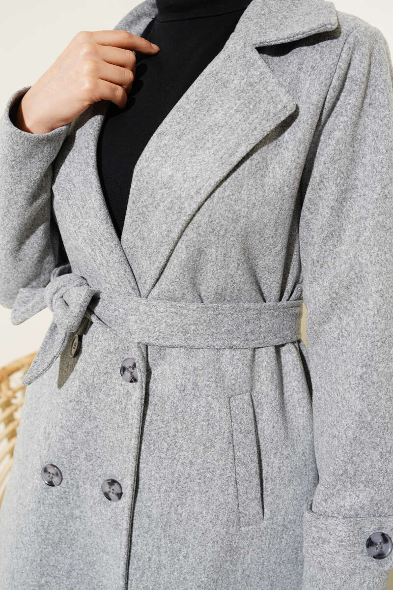 Double-Breasted Coat with Shawl Collar Grey - الصورة 4