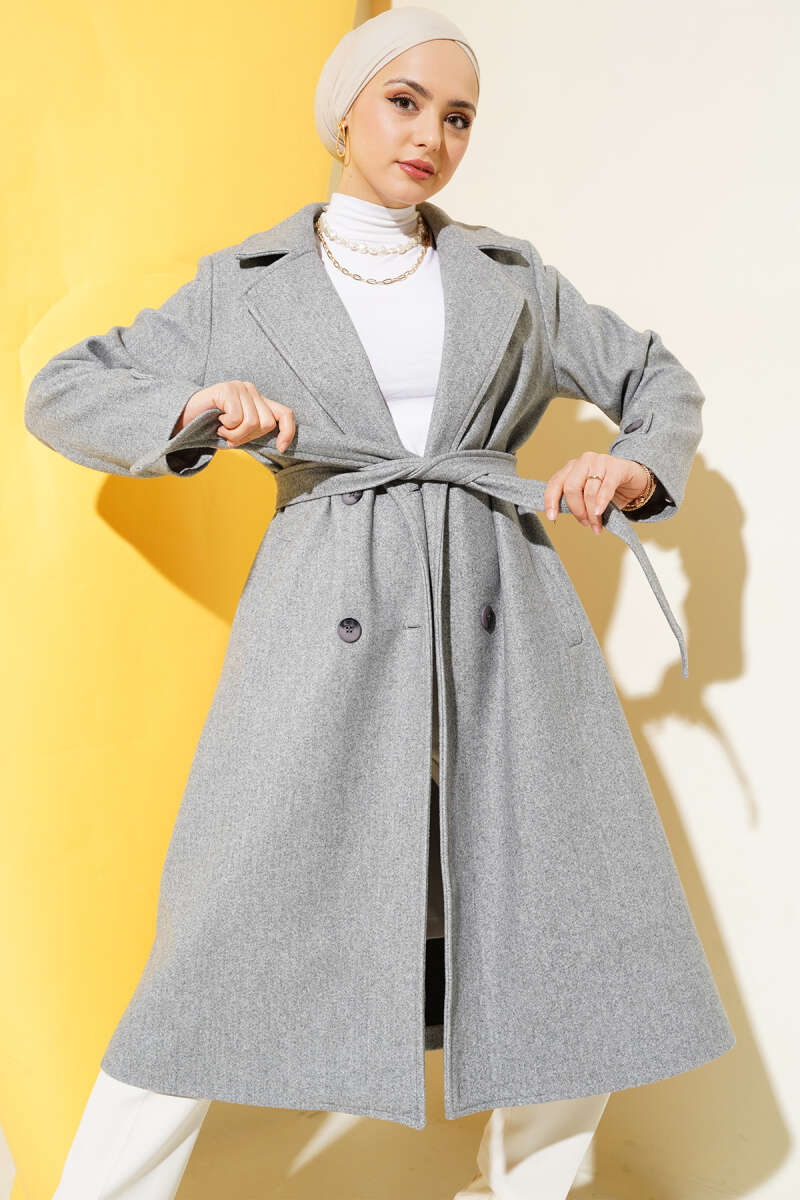 Double-Breasted Coat with Shawl Collar Grey - الصورة 5