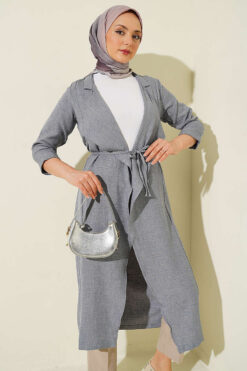 Wrap-front Hoodie with Tie Belt Grey