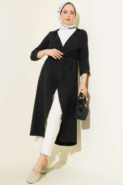 Wrap-front Hoodie with Tie Belt Black