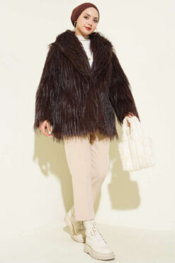 Alternative view of Wrap-Front Fur-Trimmed Coat Dark Brown