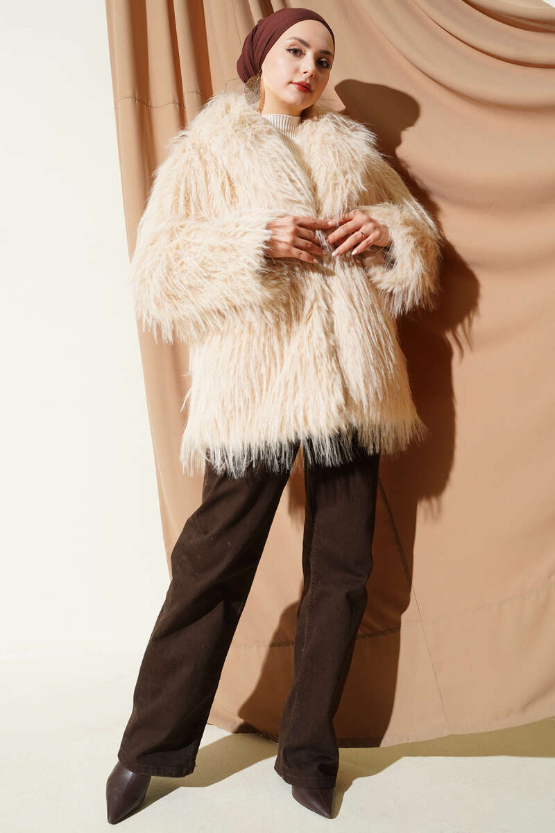 Wrap-Front Fur-Trimmed Coat Beige - Imagen 2