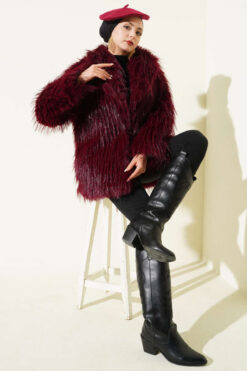 Alternative view of Wrap-Front Fur-Trimmed Coat Burgundy