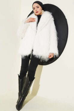 Alternative view of Wrap-Front Fur-Trimmed Coat Ecru