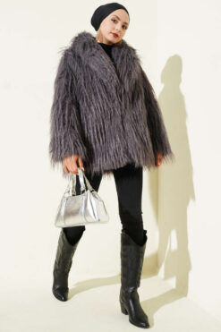 Alternative view of Wrap-Front Fur-Trimmed Coat Smoke