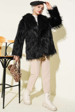 Alternative view of Wrap-Front Fur-Trimmed Coat Black
