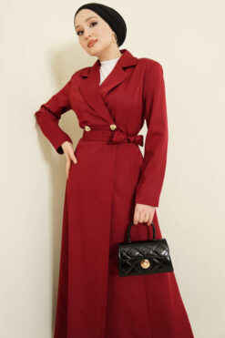Long Coat with Shawl Collar and Waist Tie Burgundy