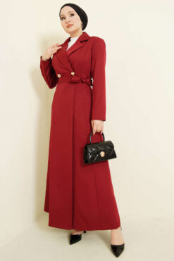 Alternative view of Long Coat with Shawl Collar and Waist Tie Burgundy