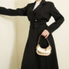 ⁦Long Coat with Shawl Collar and Waist Tie Black⁩ - الصورة ⁦2⁩