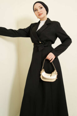 Alternative view of Long Coat with Shawl Collar and Waist Tie Black