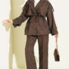 Wrap-Style Collar Suede Jacket Two-Piece Set Dark Brown