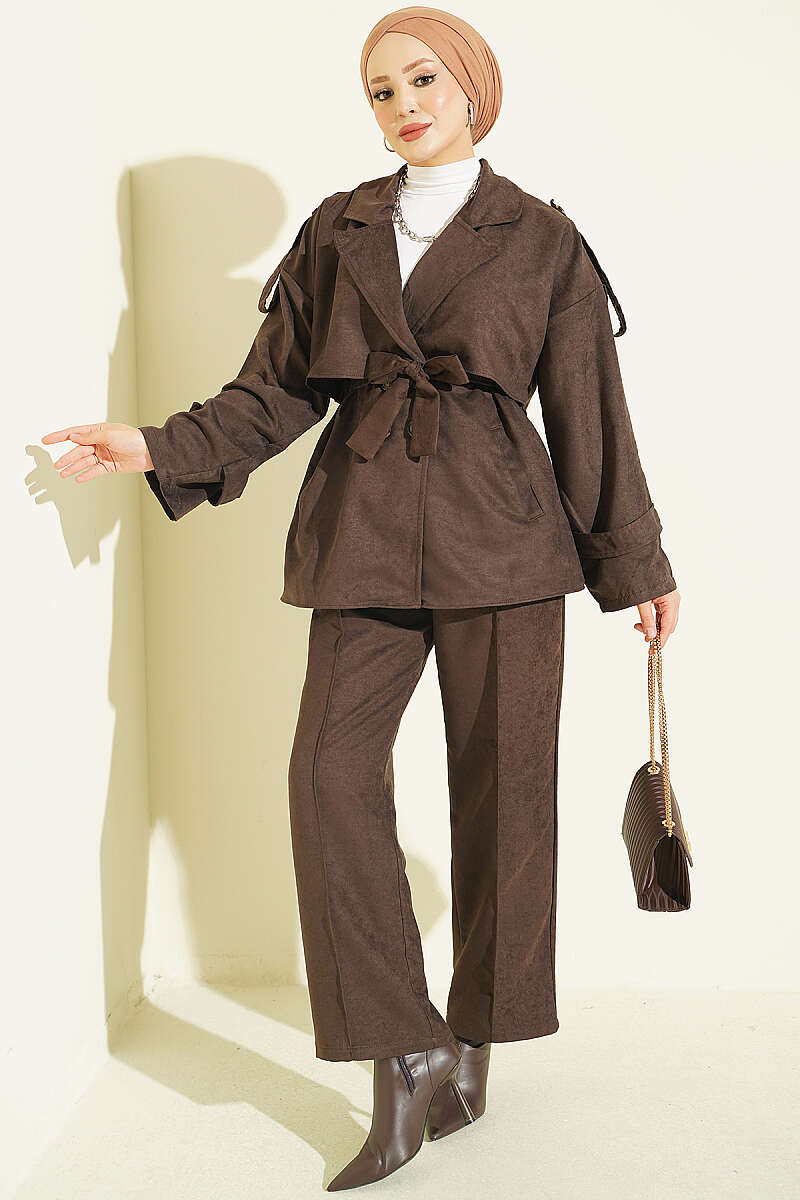 Wrap-Style Collar Suede Jacket Two-Piece Set Dark Brown