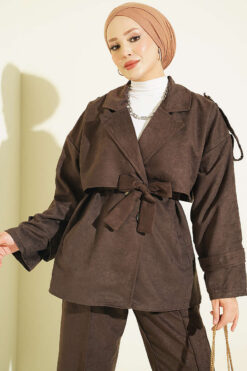 Alternative view of Wrap-Style Collar Suede Jacket Two-Piece Set Dark Brown