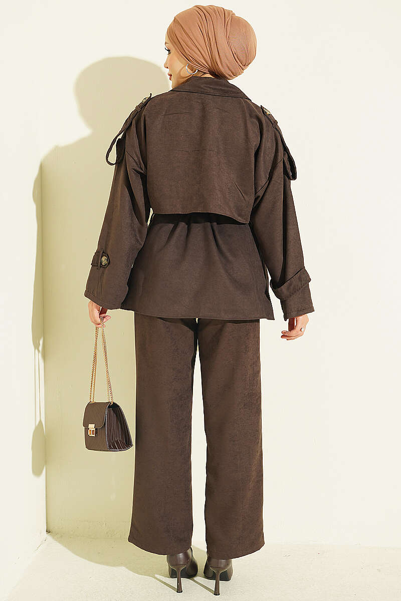 Wrap-Style Collar Suede Jacket Two-Piece Set Dark Brown - Afbeelding 3