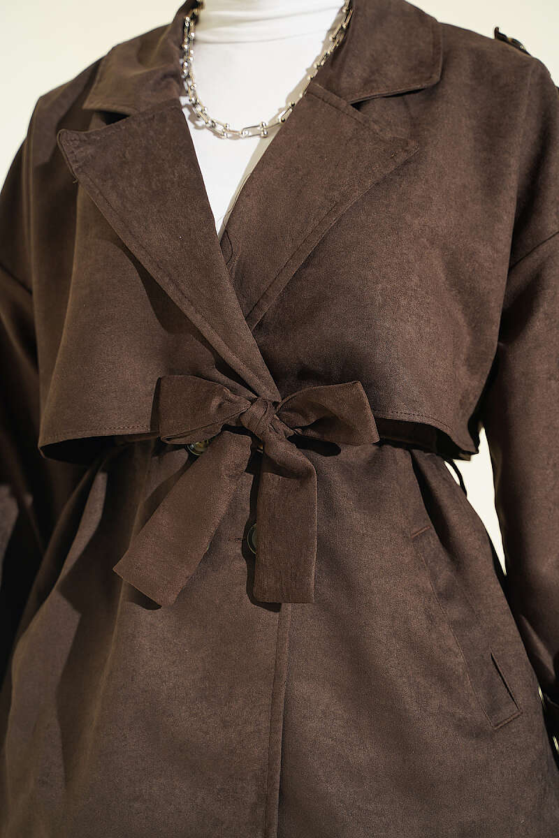 Wrap-Style Collar Suede Jacket Two-Piece Set Dark Brown - Afbeelding 4