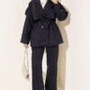 Wrap-Style Collar Suede Jacket Two-Piece Set Navy Blue