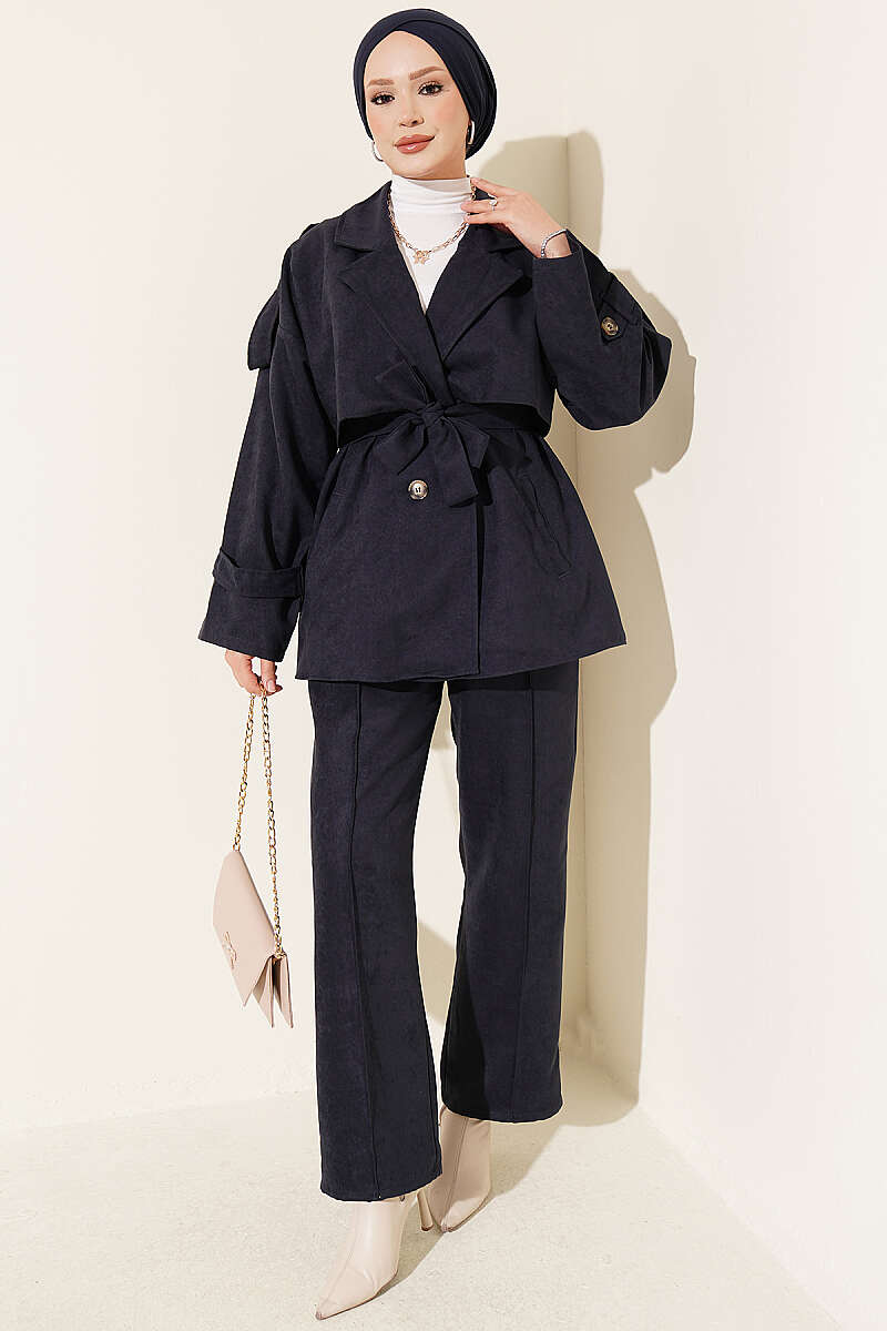 Wrap-Style Collar Suede Jacket Two-Piece Set Navy Blue