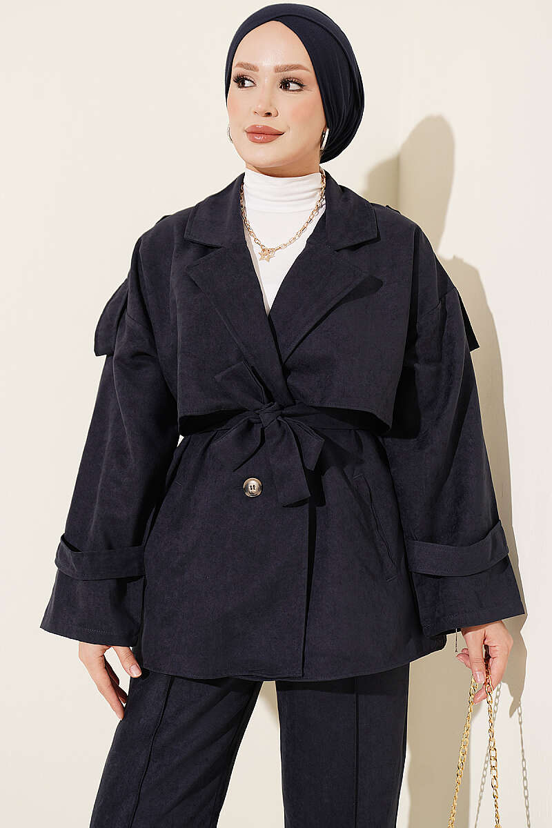 Wrap-Style Collar Suede Jacket Two-Piece Set Navy Blue – Bild 2
