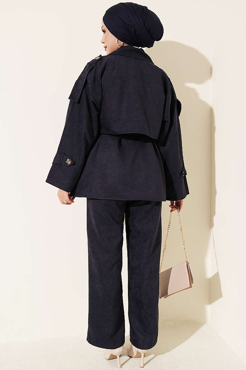 Wrap-Style Collar Suede Jacket Two-Piece Set Navy Blue – Bild 3