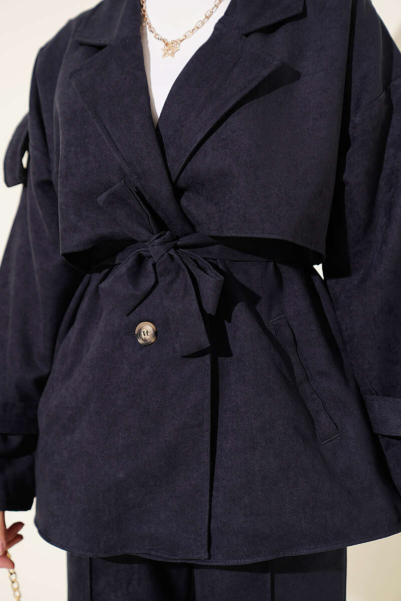 Wrap-Style Collar Suede Jacket Two-Piece Set Navy Blue – Bild 4