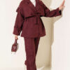 Wrap-Style Collar Suede Jacket Two-Piece Set Plum