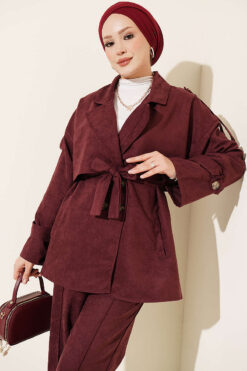 Alternative view of Wrap-Style Collar Suede Jacket Two-Piece Set Plum