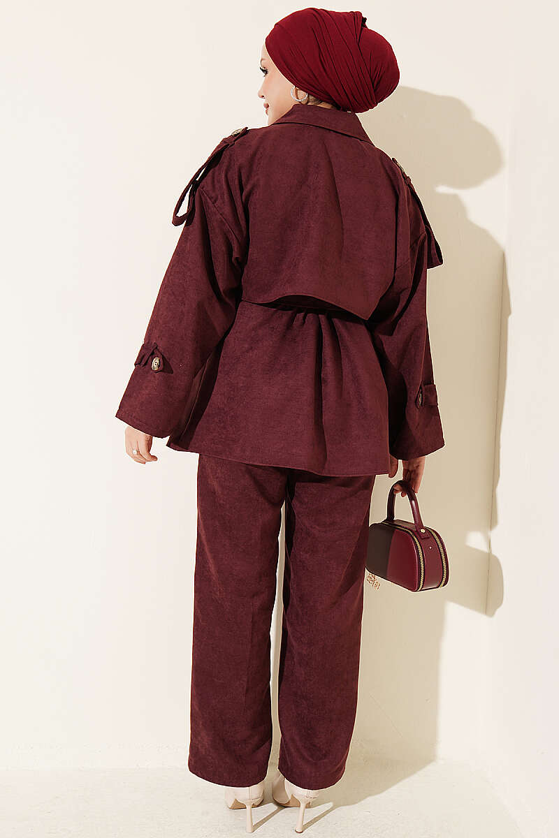 Wrap-Style Collar Suede Jacket Two-Piece Set Plum – Bild 3