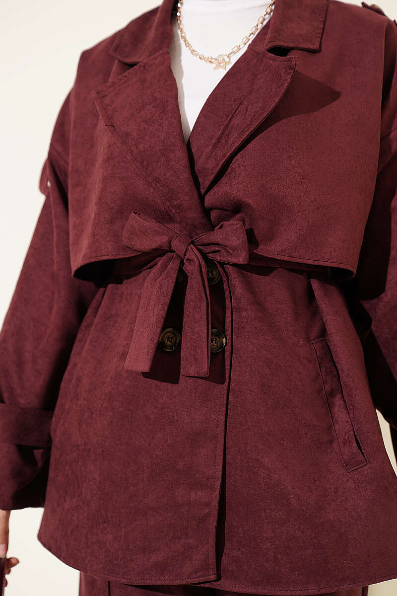 Wrap-Style Collar Suede Jacket Two-Piece Set Plum – Bild 4