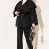 Wrap-Style Collar Suede Jacket Two-Piece Set Black