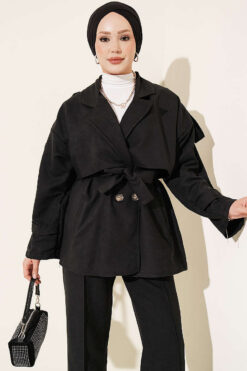 Alternative view of Wrap-Style Collar Suede Jacket Two-Piece Set Black