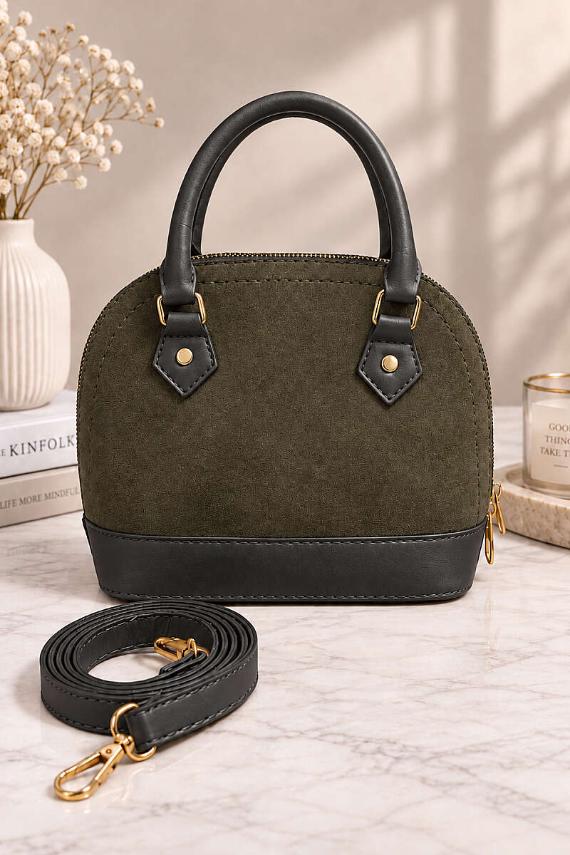 Women’s Handbag with Handles and Ribbed Detail Khaki