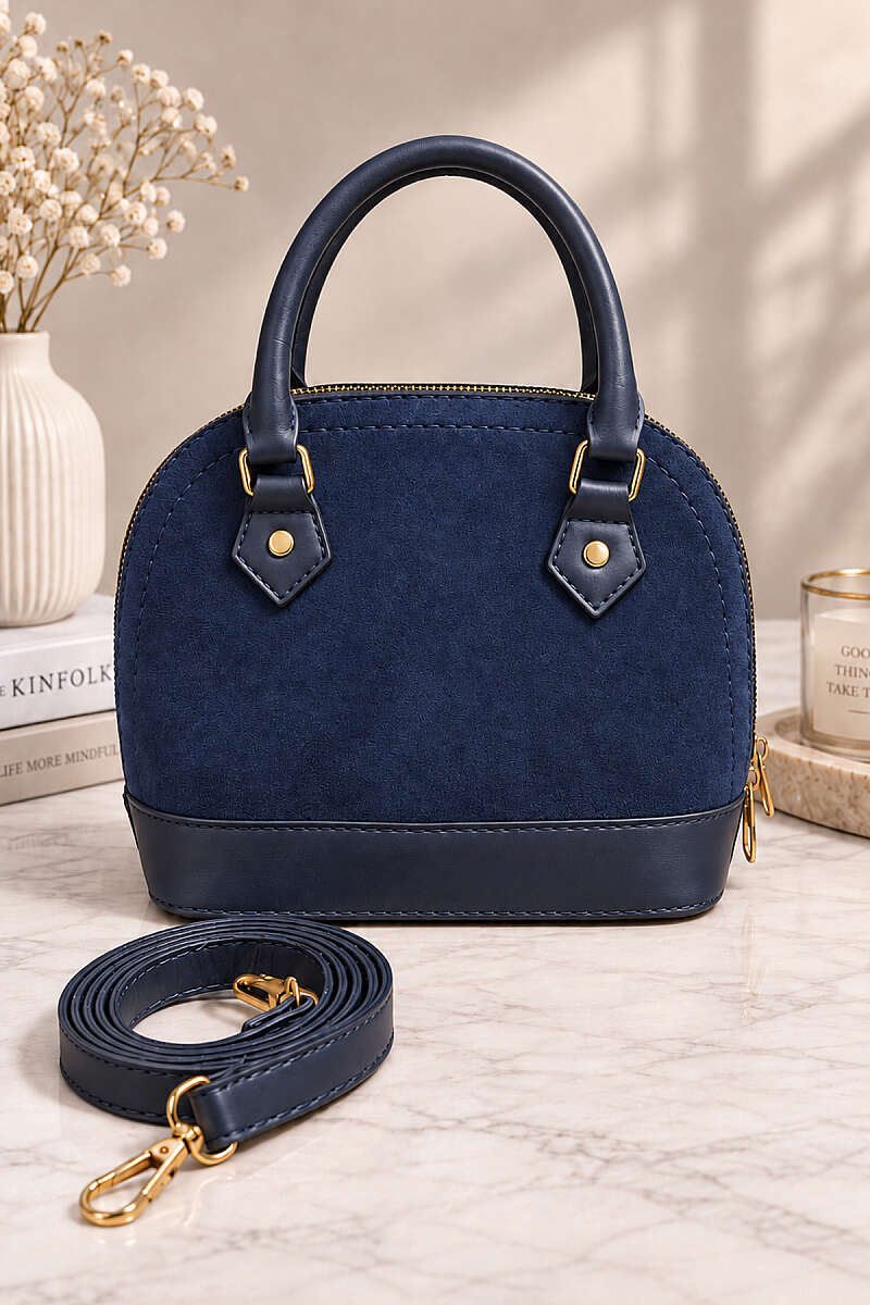 Women’s Handbag with Handles and Ribbed Detail Navy Blue