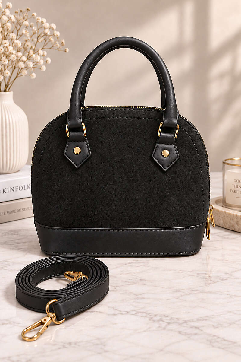 Women’s Handbag with Handles and Ribbed Detail Black