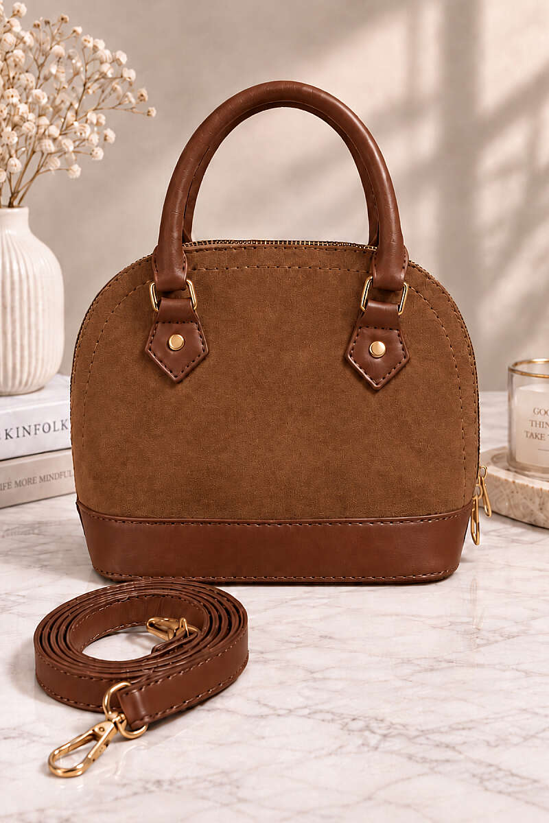 Women’s Handbag with Handles and Ribbed Detail Tan