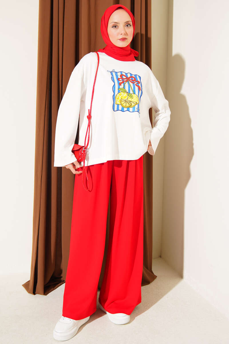 Belt-Printed French Terry Two-Piece Set Red